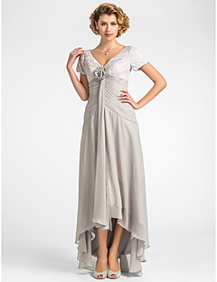 Mother Of The Bride Dresses Online A Line V Neck Asymmetrical Chiffon Lace Mother Of The Bride Dress With Flower Pleats By Lan Ting
