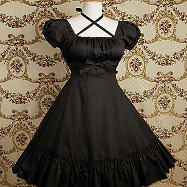 Short Sleeve Knee-length Black Cotton Classic Lolita Dress with Cravat ...