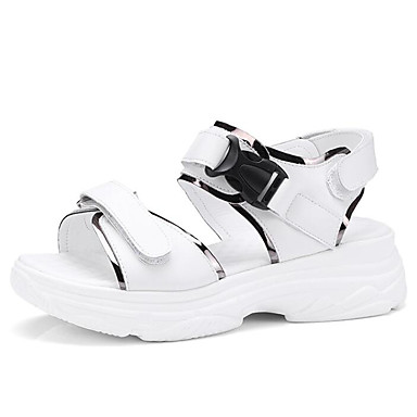 Women's Shoes Cowhide Summer Comfort Sandals Creepers White / Black Women's Shoes Cowhide Summer Comfort Sandals Creepers White / Black