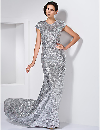 Sheath / Column Jewel Neck Sweep / Brush Train Sequined Formal Evening ...