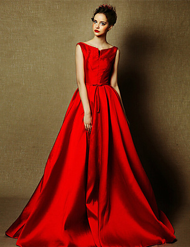 A-Line Bateau Neck Floor Length Satin Formal Evening Dress with Pearls ...