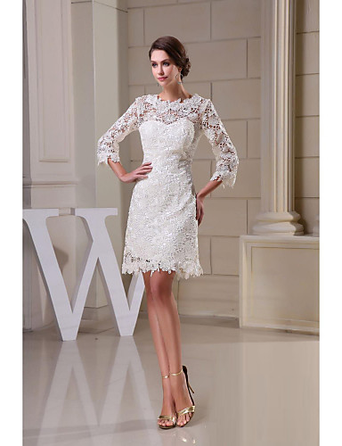 A-Line Jewel Neck Knee Length Lace Wedding Dress with Lace by LAN TING ...