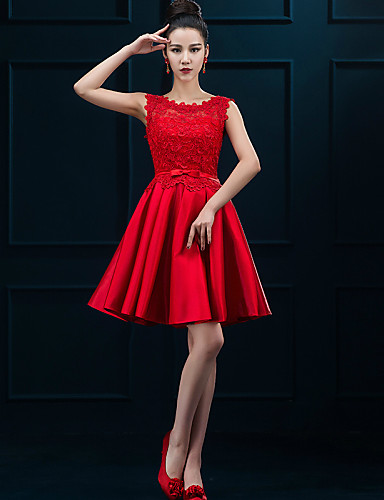 Cocktail Party Dress - Elegant A-line Jewel Short / Mini Lace Satin ...