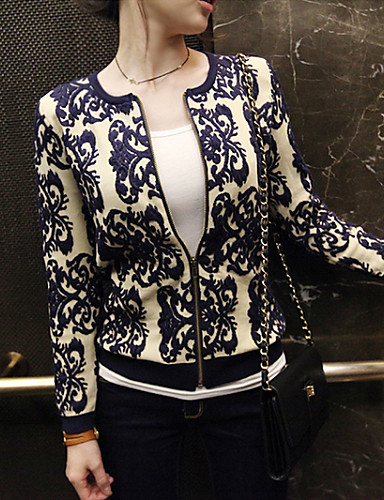 Women's Regular Cardigan,Jacquard Blue / Black Round Neck Long Sleeve ...