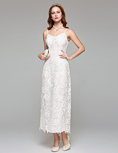 Sheath Column Spaghetti Strap Tea Length Lace Made To Measure Wedding Dresses With Lace By Lan 7483