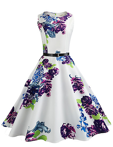  Women's Daily Vintage Sheath / Swing Dress - Floral Vintage Style Summer Cotton White