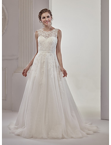 A-Line Illusion Neck Court Train Tulle Over Lace Made-To-Measure ...