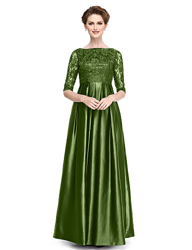 A Line Bateau Neck Floor Length Lace Stretch Satin Mother Of The Bride Dress With Beading Sequin 