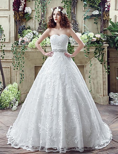 A Line Strapless Court Train Tulle Strapless Little White Dress